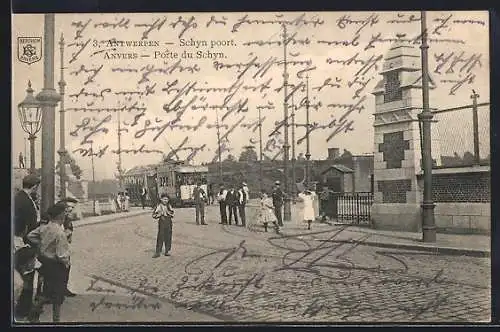 AK Anvers, Porte du Schyn, Strassenbahn