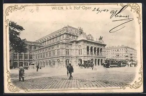 AK Wien, Hof-Oper mit Strassenbahn, Ornament-Rahmen