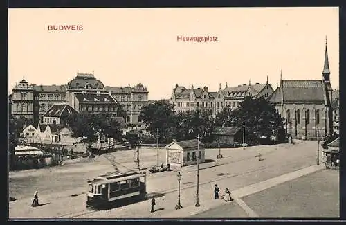 AK Budweis, Strassenbahn am Heuwagsplatz