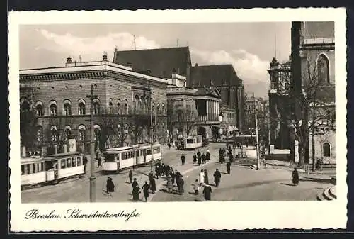 AK Breslau, Strassenbahn auf der Schweidnitzerstrasse