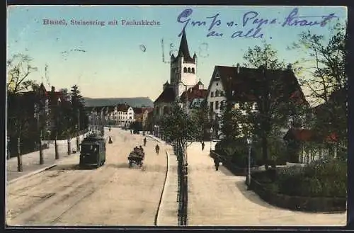 AK Basel, Steinenring mit Pauluskirche und Strassenbahn