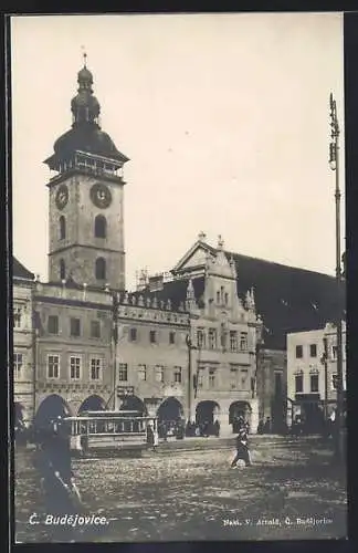 AK C. Budejovice, Strassenbahn am Rathaus