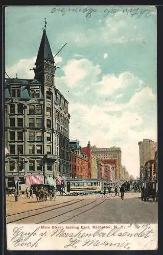 AK Rochester, NY, Main Street looking East, Strassenbahn