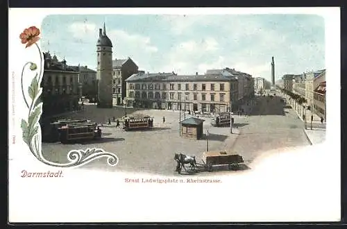 AK Darmstadt, Ernst Ludwigs-Platz und Rheinstrasse, Strassenbahnen, Pferdegespann