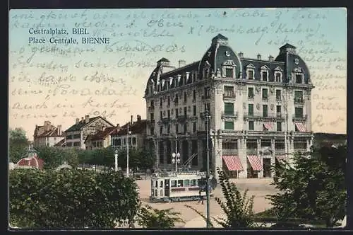 AK Biel / Bienne, Strassenbahn auf dem Centralplatz