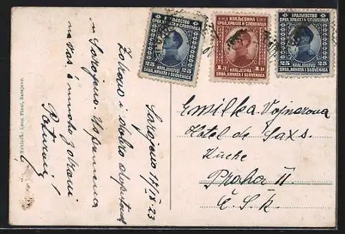 AK Sarajewo, Teilansicht aus der Vogelschau, Strassenbahn