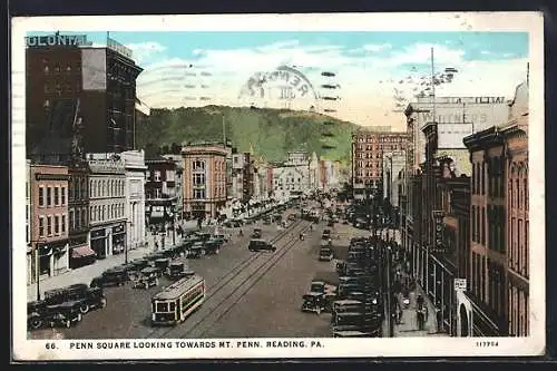 AK Reading, PA, Penn Square looking towards Mt. Penn, Strassenbahn