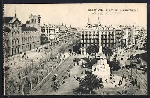 AK Barcelona, Plaza de la Universidad, Strassenbahn