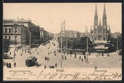 AK Wien IX, Universitätsstrasse und Votivkirche, Pferdeomnibus mit Odol-Werbung, Strassenbahn