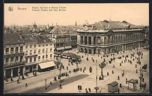 AK Anvers, Theatre flamand et Avenue d'Italie, Strassenbahn