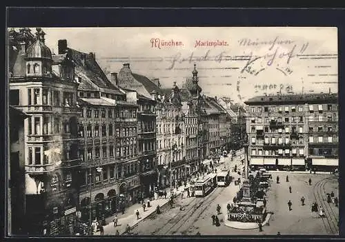 AK München, Hotel Peterhof und Strassenbahnen am Marienplatz