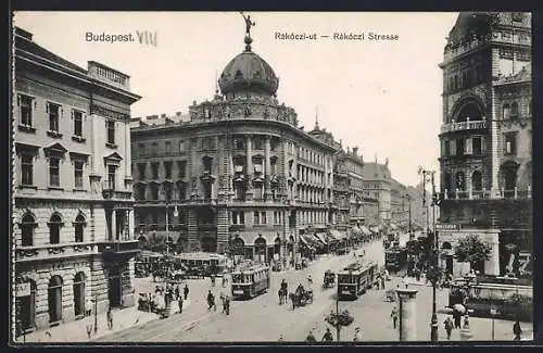 AK Budapest, Rákóczi Strasse mit Strassenbahnen