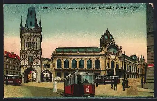 Lithographie Praha, Prasna brana a representacni dum klal. hlav. mesta Prahy, Strassenbahn