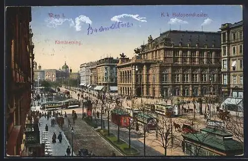 AK Wien, Kärntnerring mit Strassenbahnen und K. k. Hofoperntheater