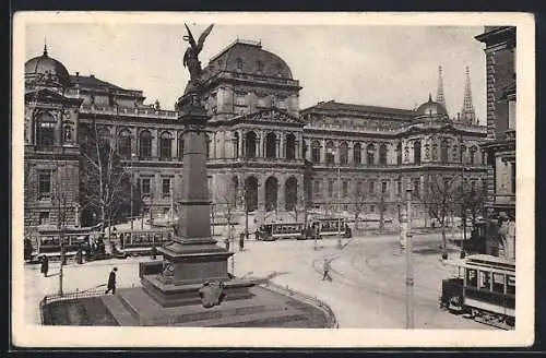 AK Wien I, Universität mit Denkmal, Strassenbahnen, Fussgänger