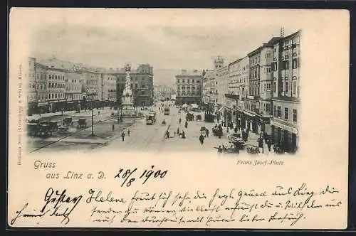 AK Linz a. D., Franz Josef-Platz mit Strassenbahnen