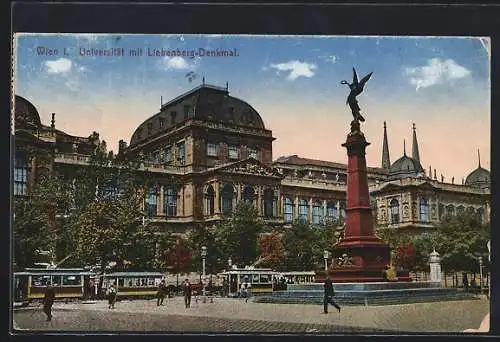 AK Wien I., Strassenbahn in Fahrt vor der Universität, Liebenberg-Denkmal