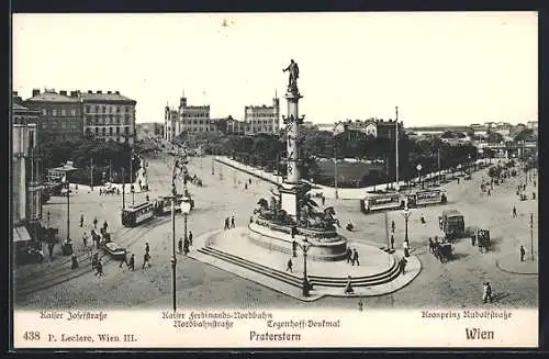 AK Wien, Praterstern mit Strassenbahnen, Kaiser Josefstrasse, Nordbahnstrasse und Tegetthoff-Denkmal