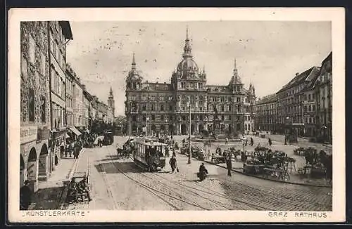 AK Graz, Rathaus mit Strassenbahn