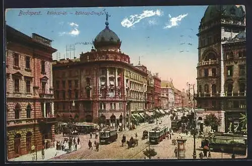 AK Budapest, Rákóczi-Strasse mit Strassenbahnen