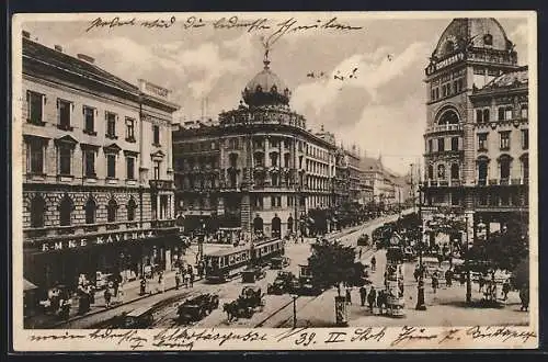 AK Budapest, Rákóczi-Strasse mit Strassenbahnen