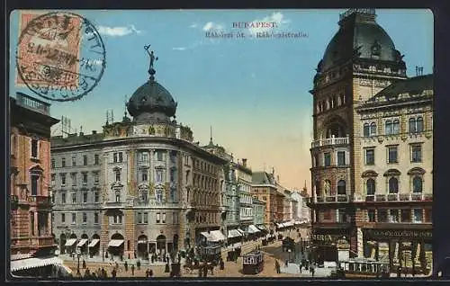 AK Budapest, Rákóczistrasse mit Strassenbahnen