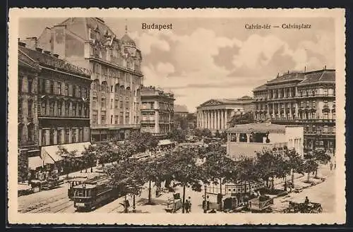 AK Budapest, Strassenbahnen auf dem Calvinplatz