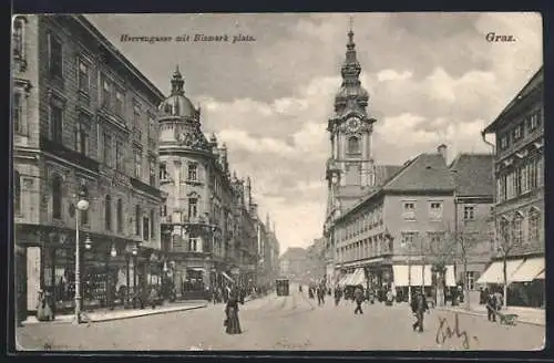 AK Graz, Bismarckplatz und Herrengasse mit Strassenbahn