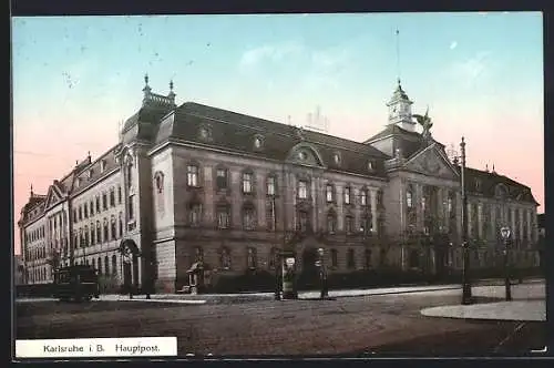 AK Karlsruhe i. B., Hauptpost mit Strassenbahn