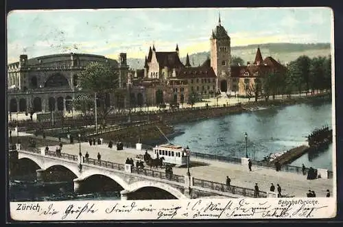 AK Zürich, Bahnhofbrücke und Landesmuseum, Strassenbahn