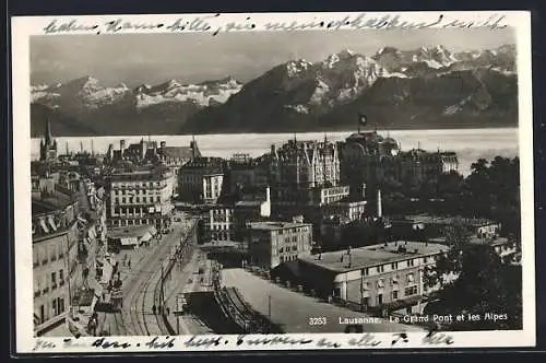 AK Lausanne, Le Grand Pont et les Alpes, Strassenbahn