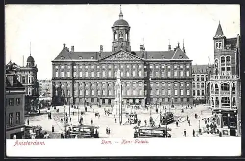 AK Amsterdam, Dam & Kon. Paleis, Strassenbahn