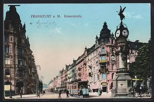 AK Frankfurt a. M., Kaiserstrasse mit Uhrturm und Strassenbahn