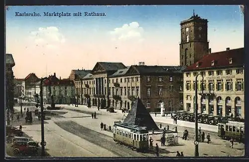 AK Karlsruhe, Marktplatz und Rathaus mit Strassenbahn