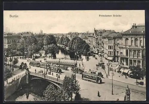 AK Berlin, Potsdamer Brücke mit Strassenbahn und Geschäften