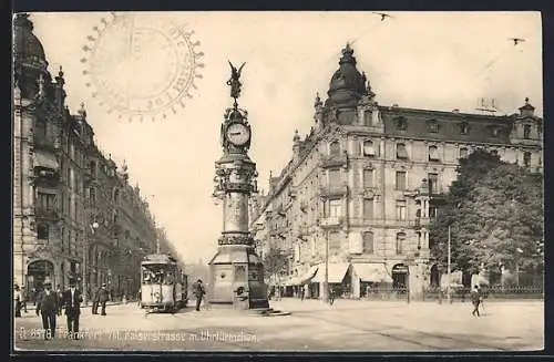 AK Frankfurt a. M., Kaiserstrasse mit Uhrtürmchen und Strassenbahn