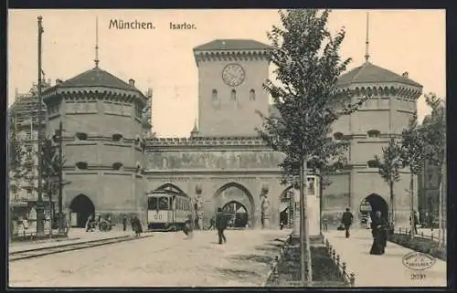 AK München, Isartor, Strassenbahn, Litfasssäule