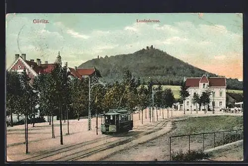 AK Görlitz, Landeskrone mit Strassenbahn