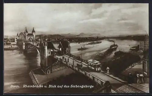 AK Bonn, Rheinbrücke mit Strassenbahn und Blick auf das Siebengebirge