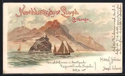 Lithographie San Vicente /Kap Verde, Segelschiff vor der Küste mit dem Leuchtturm