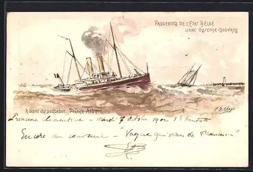 Lithographie A bord du paquebot Prince Albert, Ligne Ostende-Douvres