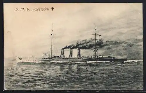 Künstler-AK Kriegsschiff SMS Wiesbaden unter Volldampf, gesunken Skagerrak 1916