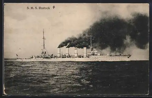 AK Kriegsschiff S.M.S. Rostock unter Volldampf