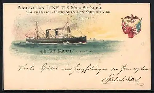 Lithographie Passagierschiff SS St. Louis der American Line, US Mail Steamer