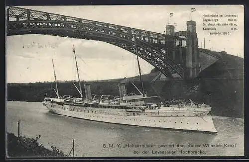 AK S. M. Y. Hohenzollern passiert den Kaiser Wilhelm-Kanal bei der Levensauer Hochbrücke, Kriegsschiff