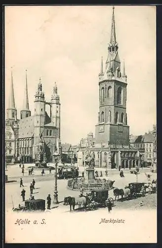 AK Halle a. S., Marktplatt mit Kirche, Denkmal und Strassenbahn