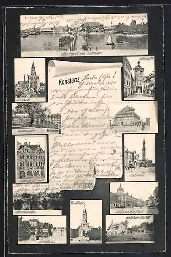 AK Konstanz, Münster, Schnetztor, Husenstein, Conziliumssaal, Kanzleigebäude, Bahnhof, Inselhotel