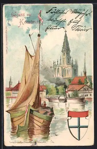 Lithographie Konstanz, Hafenpartie mit Segelboot, Dampfer und Blick zum Münster