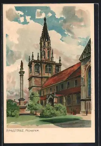 Künstler-Lithographie Zeno Diemer: Konstanz, Blick zum Münster