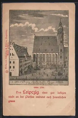 Künstler-AK Leipzig, St. Thomas Kirche, Thomas-Schule, steinerner Wasser-Kasten